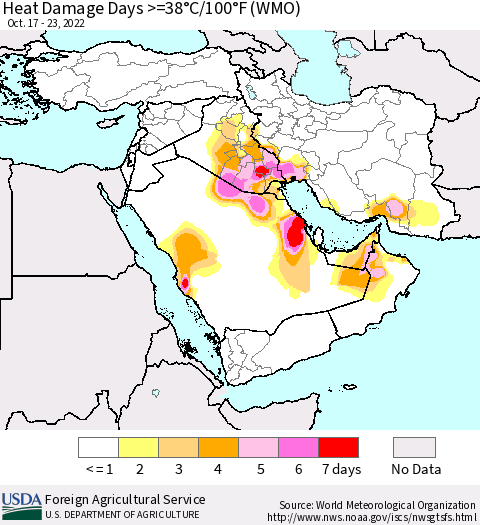 Middle East and Turkey Heat Damage Days >=38°C/100°F (WMO) Thematic Map For 10/17/2022 - 10/23/2022