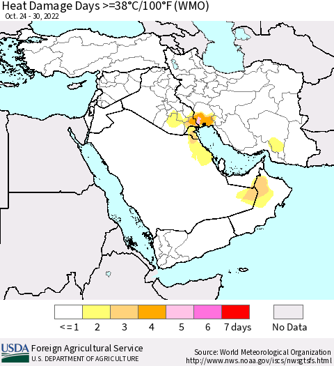 Middle East and Turkey Heat Damage Days >=38°C/100°F (WMO) Thematic Map For 10/24/2022 - 10/30/2022