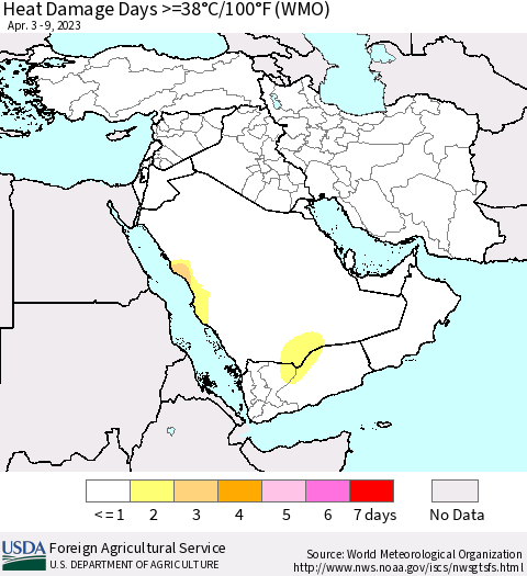 Middle East and Turkey Heat Damage Days >=38°C/100°F (WMO) Thematic Map For 4/3/2023 - 4/9/2023
