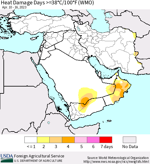 Middle East and Turkey Heat Damage Days >=38°C/100°F (WMO) Thematic Map For 4/10/2023 - 4/16/2023