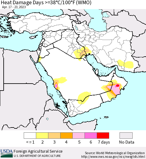 Middle East and Turkey Heat Damage Days >=38°C/100°F (WMO) Thematic Map For 4/17/2023 - 4/23/2023