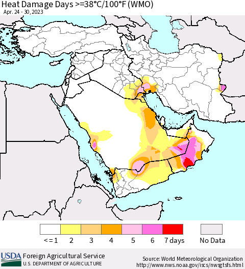 Middle East and Turkey Heat Damage Days >=38°C/100°F (WMO) Thematic Map For 4/24/2023 - 4/30/2023