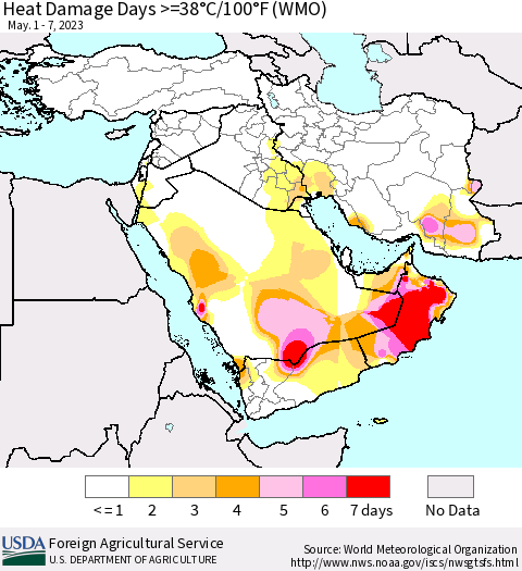 Middle East and Turkey Heat Damage Days >=38°C/100°F (WMO) Thematic Map For 5/1/2023 - 5/7/2023