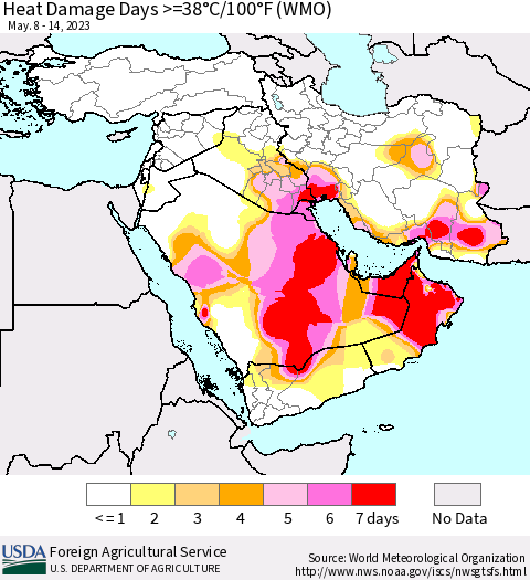 Middle East and Turkey Heat Damage Days >=38°C/100°F (WMO) Thematic Map For 5/8/2023 - 5/14/2023