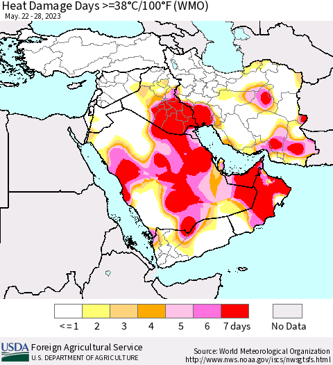 Middle East and Turkey Heat Damage Days >=38°C/100°F (WMO) Thematic Map For 5/22/2023 - 5/28/2023