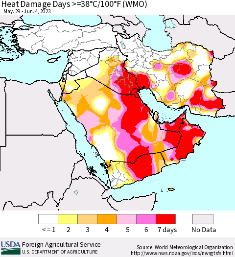 Middle East and Turkey Heat Damage Days >=38°C/100°F (WMO) Thematic Map For 5/29/2023 - 6/4/2023