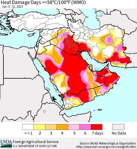 Middle East and Turkey Heat Damage Days >=38°C/100°F (WMO) Thematic Map For 6/5/2023 - 6/11/2023