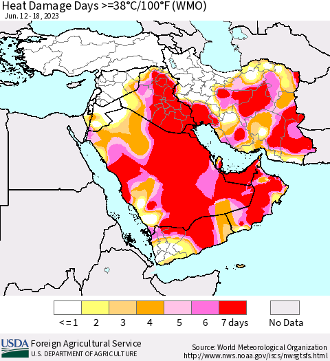 Middle East and Turkey Heat Damage Days >=38°C/100°F (WMO) Thematic Map For 6/12/2023 - 6/18/2023