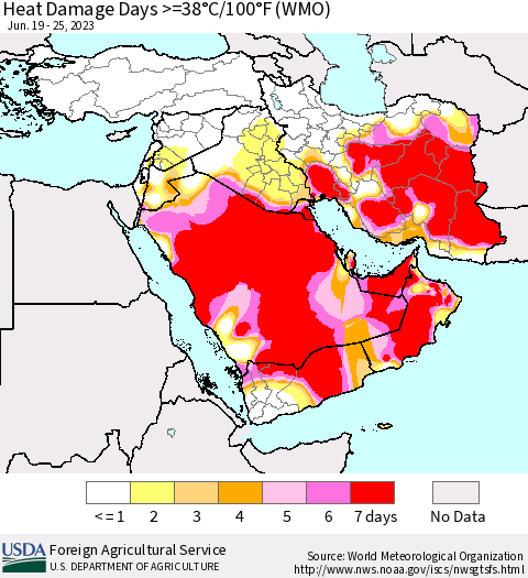 Middle East and Turkey Heat Damage Days >=38°C/100°F (WMO) Thematic Map For 6/19/2023 - 6/25/2023