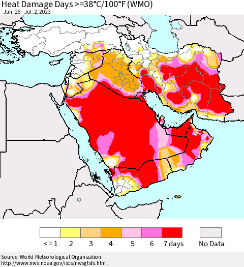 Middle East and Turkey Heat Damage Days >=38°C/100°F (WMO) Thematic Map For 6/26/2023 - 7/2/2023