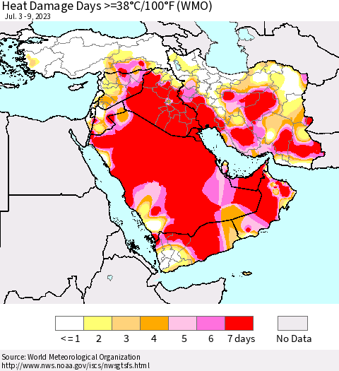 Middle East and Turkey Heat Damage Days >=38°C/100°F (WMO) Thematic Map For 7/3/2023 - 7/9/2023