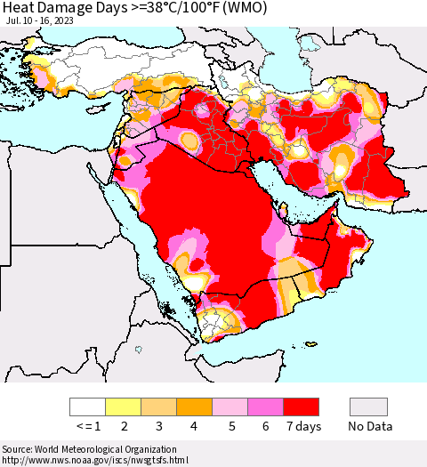 Middle East and Turkey Heat Damage Days >=38°C/100°F (WMO) Thematic Map For 7/10/2023 - 7/16/2023