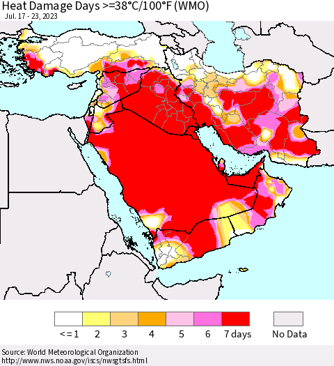 Middle East and Turkey Heat Damage Days >=38°C/100°F (WMO) Thematic Map For 7/17/2023 - 7/23/2023