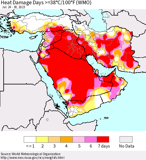 Middle East and Turkey Heat Damage Days >=38°C/100°F (WMO) Thematic Map For 7/24/2023 - 7/30/2023