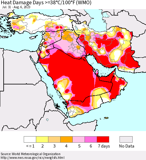 Middle East and Turkey Heat Damage Days >=38°C/100°F (WMO) Thematic Map For 7/31/2023 - 8/6/2023