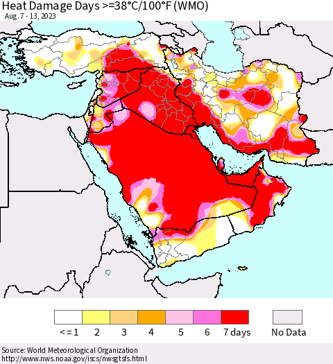 Middle East and Turkey Heat Damage Days >=38°C/100°F (WMO) Thematic Map For 8/7/2023 - 8/13/2023