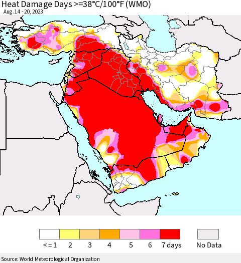 Middle East and Turkey Heat Damage Days >=38°C/100°F (WMO) Thematic Map For 8/14/2023 - 8/20/2023