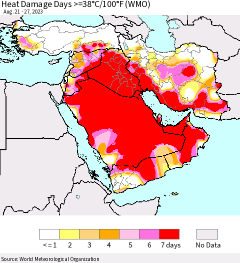 Middle East and Turkey Heat Damage Days >=38°C/100°F (WMO) Thematic Map For 8/21/2023 - 8/27/2023