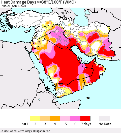 Middle East and Turkey Heat Damage Days >=38°C/100°F (WMO) Thematic Map For 8/28/2023 - 9/3/2023