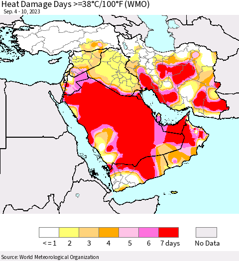 Middle East and Turkey Heat Damage Days >=38°C/100°F (WMO) Thematic Map For 9/4/2023 - 9/10/2023