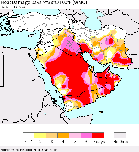 Middle East and Turkey Heat Damage Days >=38°C/100°F (WMO) Thematic Map For 9/11/2023 - 9/17/2023