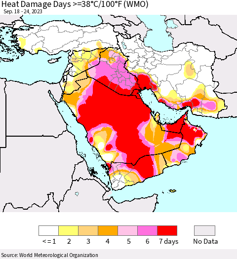 Middle East and Turkey Heat Damage Days >=38°C/100°F (WMO) Thematic Map For 9/18/2023 - 9/24/2023
