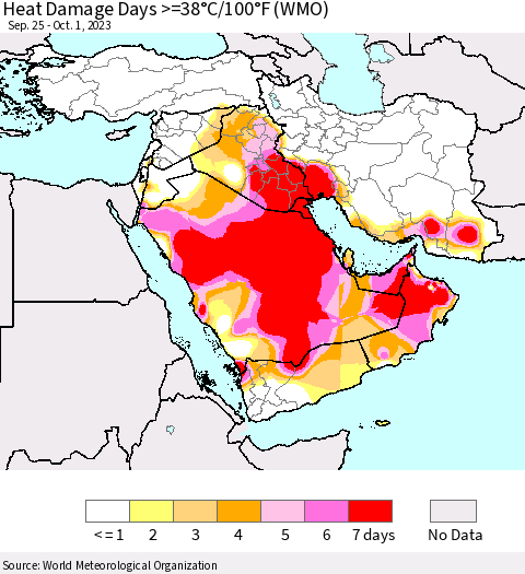 Middle East and Turkey Heat Damage Days >=38°C/100°F (WMO) Thematic Map For 9/25/2023 - 10/1/2023