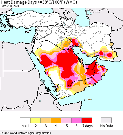 Middle East and Turkey Heat Damage Days >=38°C/100°F (WMO) Thematic Map For 10/2/2023 - 10/8/2023