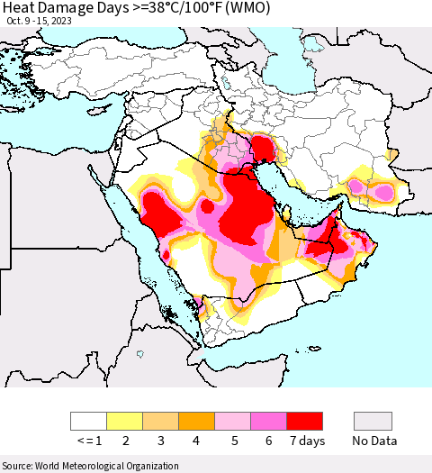 Middle East and Turkey Heat Damage Days >=38°C/100°F (WMO) Thematic Map For 10/9/2023 - 10/15/2023