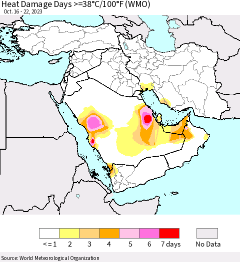Middle East and Turkey Heat Damage Days >=38°C/100°F (WMO) Thematic Map For 10/16/2023 - 10/22/2023