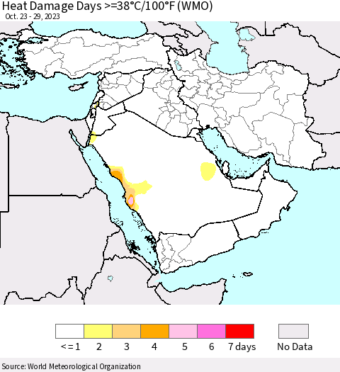 Middle East and Turkey Heat Damage Days >=38°C/100°F (WMO) Thematic Map For 10/23/2023 - 10/29/2023