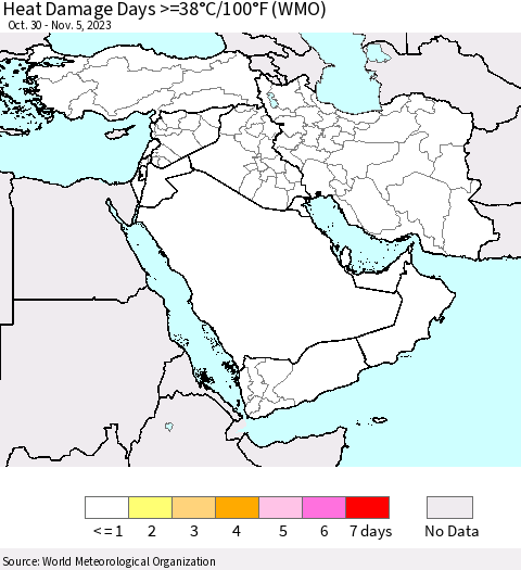 Middle East and Turkey Heat Damage Days >=38°C/100°F (WMO) Thematic Map For 10/30/2023 - 11/5/2023