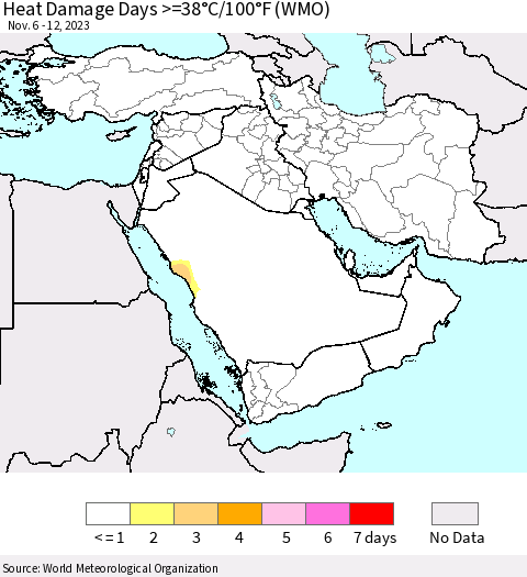Middle East and Turkey Heat Damage Days >=38°C/100°F (WMO) Thematic Map For 11/6/2023 - 11/12/2023