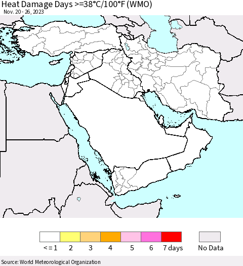 Middle East and Turkey Heat Damage Days >=38°C/100°F (WMO) Thematic Map For 11/20/2023 - 11/26/2023
