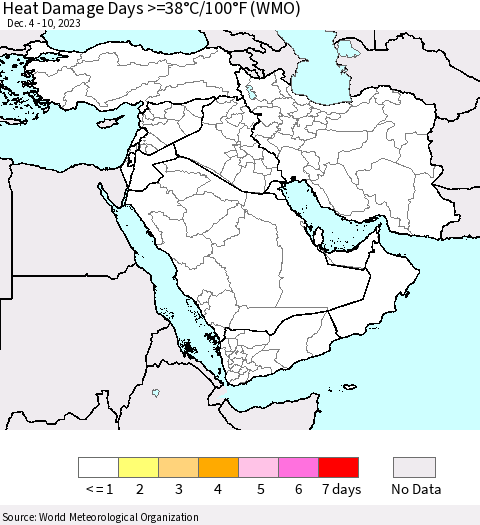 Middle East and Turkey Heat Damage Days >=38°C/100°F (WMO) Thematic Map For 12/4/2023 - 12/10/2023