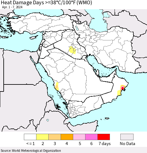 Middle East and Turkey Heat Damage Days >=38°C/100°F (WMO) Thematic Map For 4/1/2024 - 4/7/2024