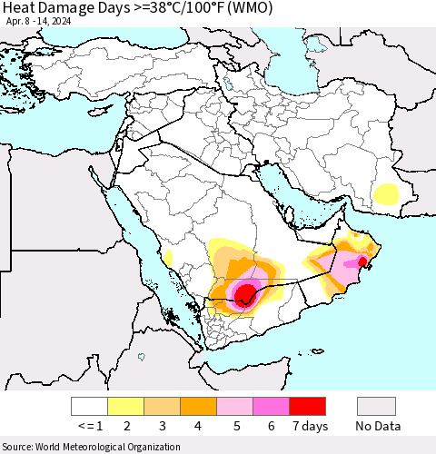 Middle East and Turkey Heat Damage Days >=38°C/100°F (WMO) Thematic Map For 4/8/2024 - 4/14/2024