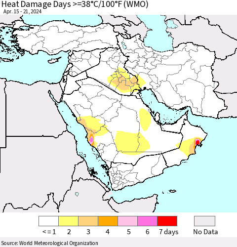 Middle East and Turkey Heat Damage Days >=38°C/100°F (WMO) Thematic Map For 4/15/2024 - 4/21/2024