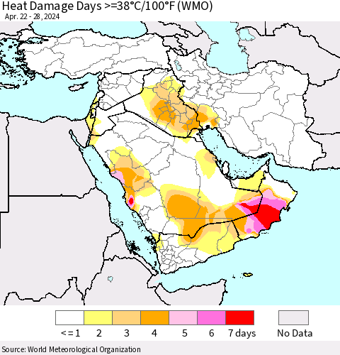 Middle East and Turkey Heat Damage Days >=38°C/100°F (WMO) Thematic Map For 4/22/2024 - 4/28/2024