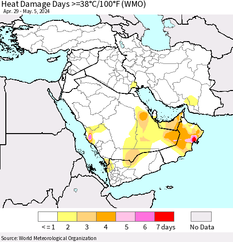 Middle East and Turkey Heat Damage Days >=38°C/100°F (WMO) Thematic Map For 4/29/2024 - 5/5/2024