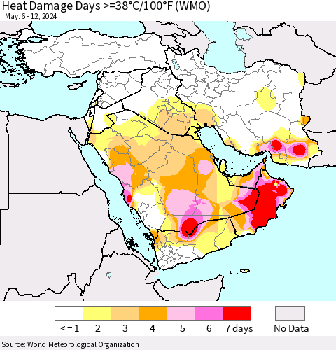 Middle East and Turkey Heat Damage Days >=38°C/100°F (WMO) Thematic Map For 5/6/2024 - 5/12/2024