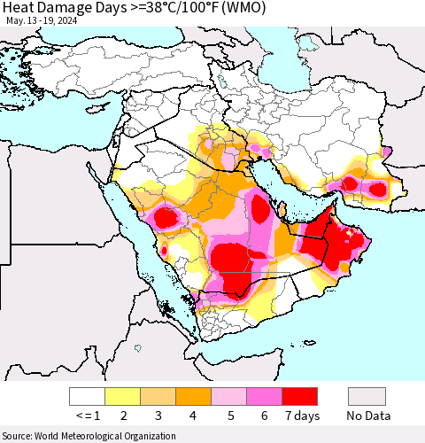 Middle East and Turkey Heat Damage Days >=38°C/100°F (WMO) Thematic Map For 5/13/2024 - 5/19/2024