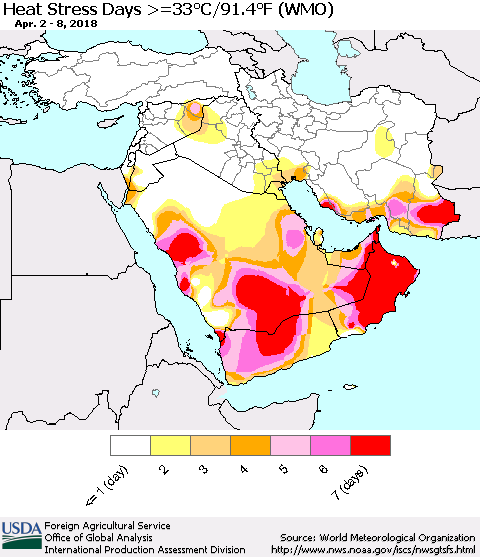 Middle East and Turkey Heat Stress Days >=35°C/95°F (WMO) Thematic Map For 4/2/2018 - 4/8/2018