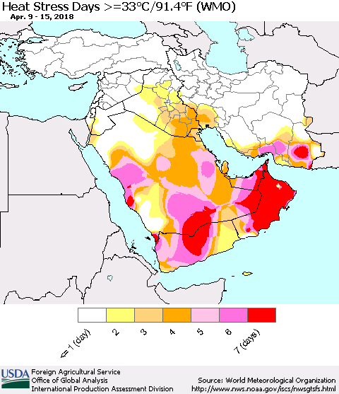 Middle East and Turkey Heat Stress Days >=35°C/95°F (WMO) Thematic Map For 4/9/2018 - 4/15/2018