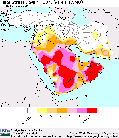 Middle East and Turkey Heat Stress Days >=35°C/95°F (WMO) Thematic Map For 4/16/2018 - 4/22/2018