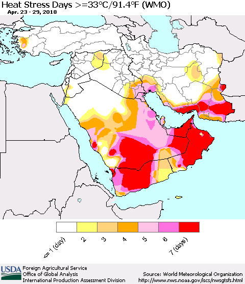 Middle East and Turkey Heat Stress Days >=35°C/95°F (WMO) Thematic Map For 4/23/2018 - 4/29/2018