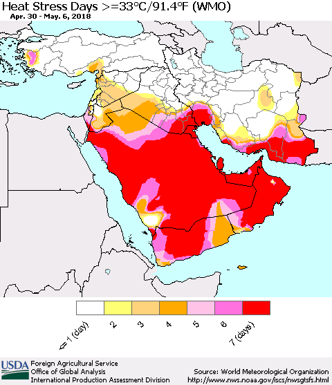 Middle East and Turkey Heat Stress Days >=35°C/95°F (WMO) Thematic Map For 4/30/2018 - 5/6/2018