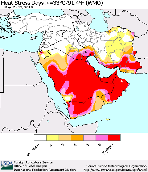 Middle East and Turkey Heat Stress Days >=35°C/95°F (WMO) Thematic Map For 5/7/2018 - 5/13/2018