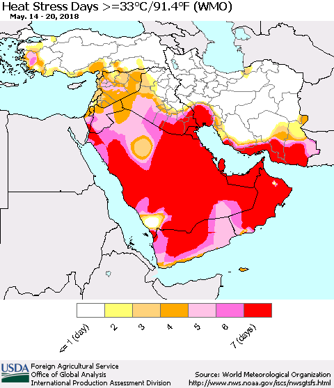 Middle East and Turkey Heat Stress Days >=35°C/95°F (WMO) Thematic Map For 5/14/2018 - 5/20/2018