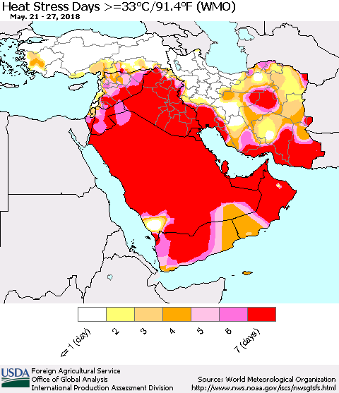 Middle East and Turkey Heat Stress Days >=35°C/95°F (WMO) Thematic Map For 5/21/2018 - 5/27/2018